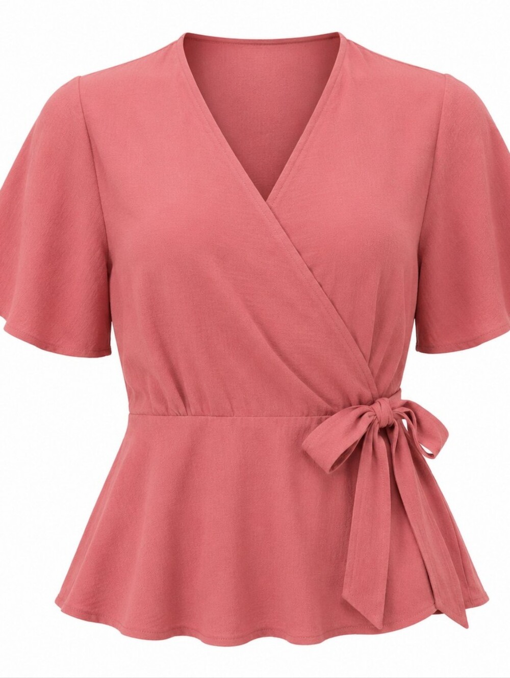 Monteau Casual Everyday Dusty Rose Flutter Sleeve Wrap Peplum Women's Top Size L - Picture 1 of 7